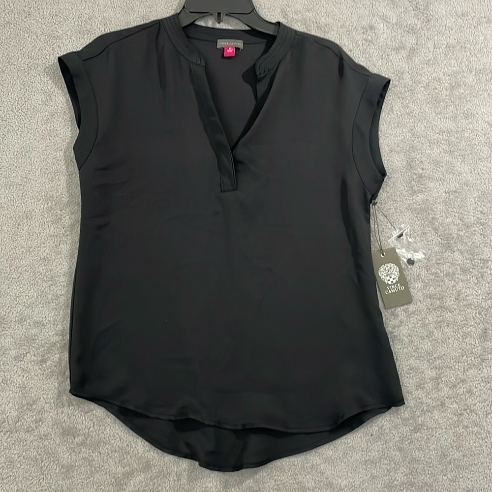 NEW Vince Camuto Womens XS Solid Split-Neck Short Rich Black Chiffon Blouse